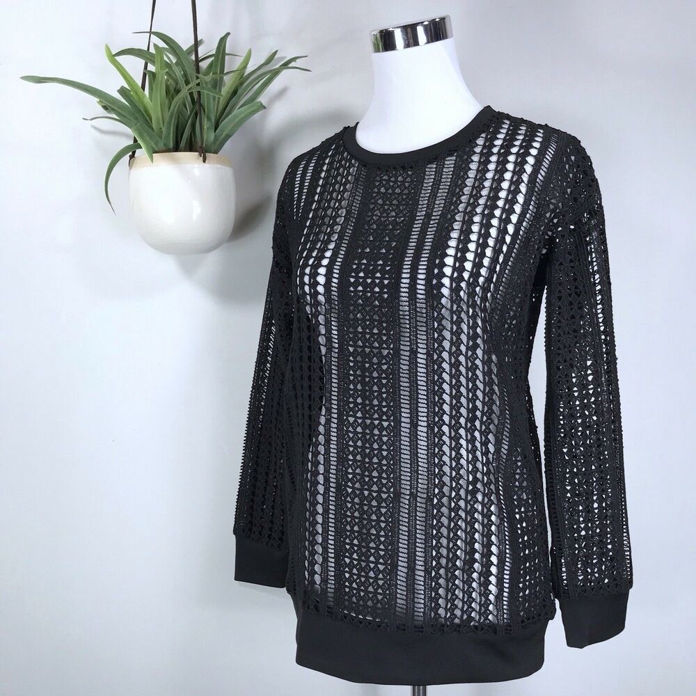 Fabletics Sophie Tunic Laser Cut Lace Mesh Sweatshirt Top Black Womens Size XS